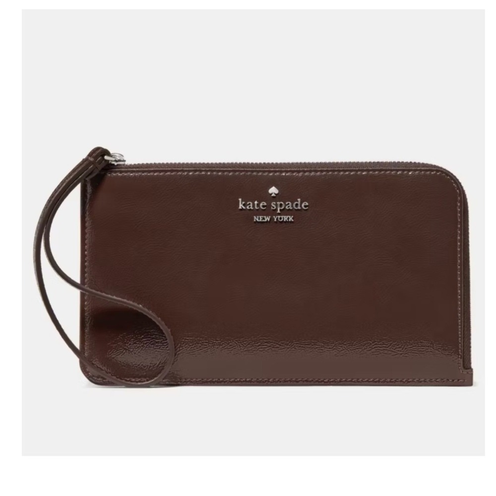 NEW Kate Spade Lucy Medium L-Zip Wristlet Hot Fudge Crinkle Patent Leather KP166
